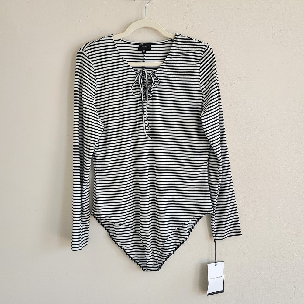 Womens NWT Lace Up Striped Bodysuit XXL Preppy Minimalist Old Money Capsule Chic